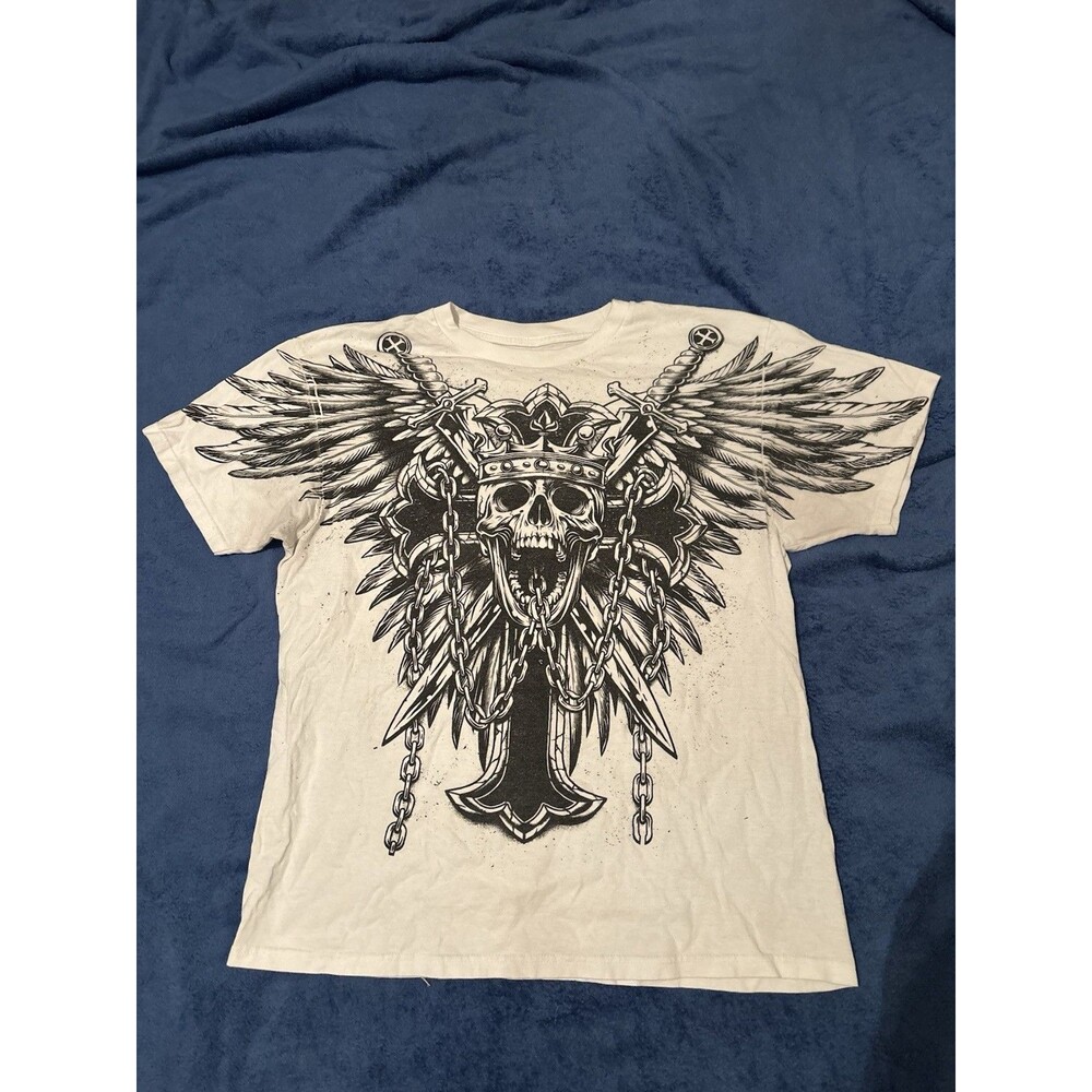 Y2K White/Black Skull Cross tee shirt  - size large - sick Y2K graphic - Chains